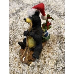 Vintage‎ O'well Black Bear Sled Santa Hat Barrel Fish Christmas Figurine